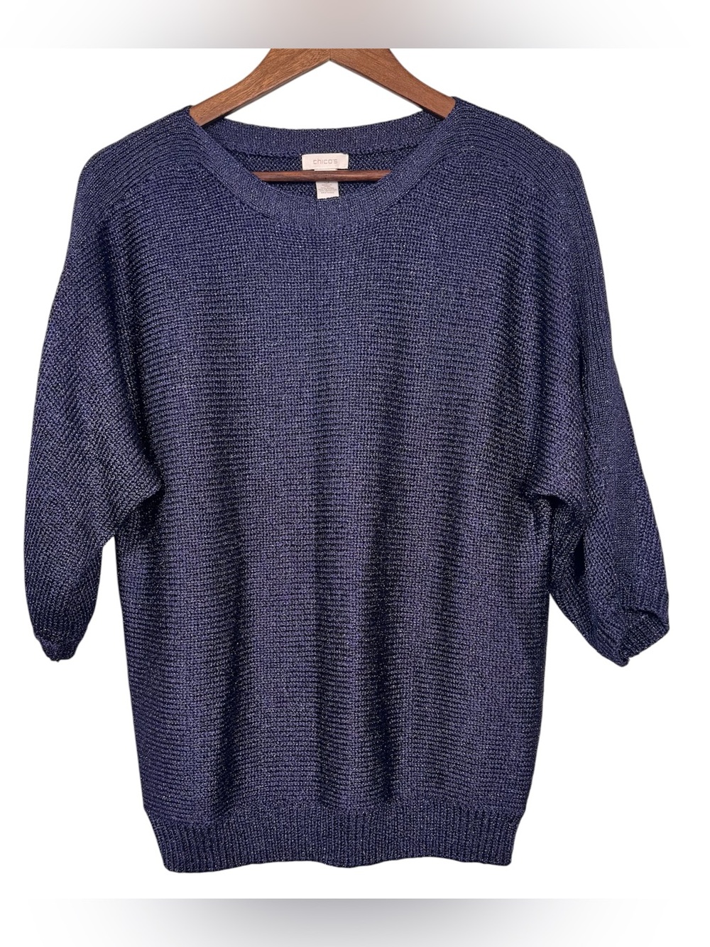 Chico’s Metallic Shimmer Top Women’s Size 3 Navy Pullover Party City Preppy